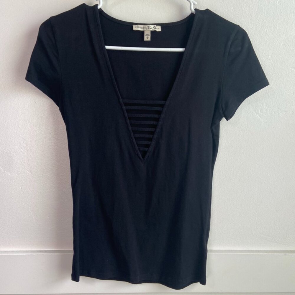 Express One Eleven Strappy Deep V Short Sleeve Shirt